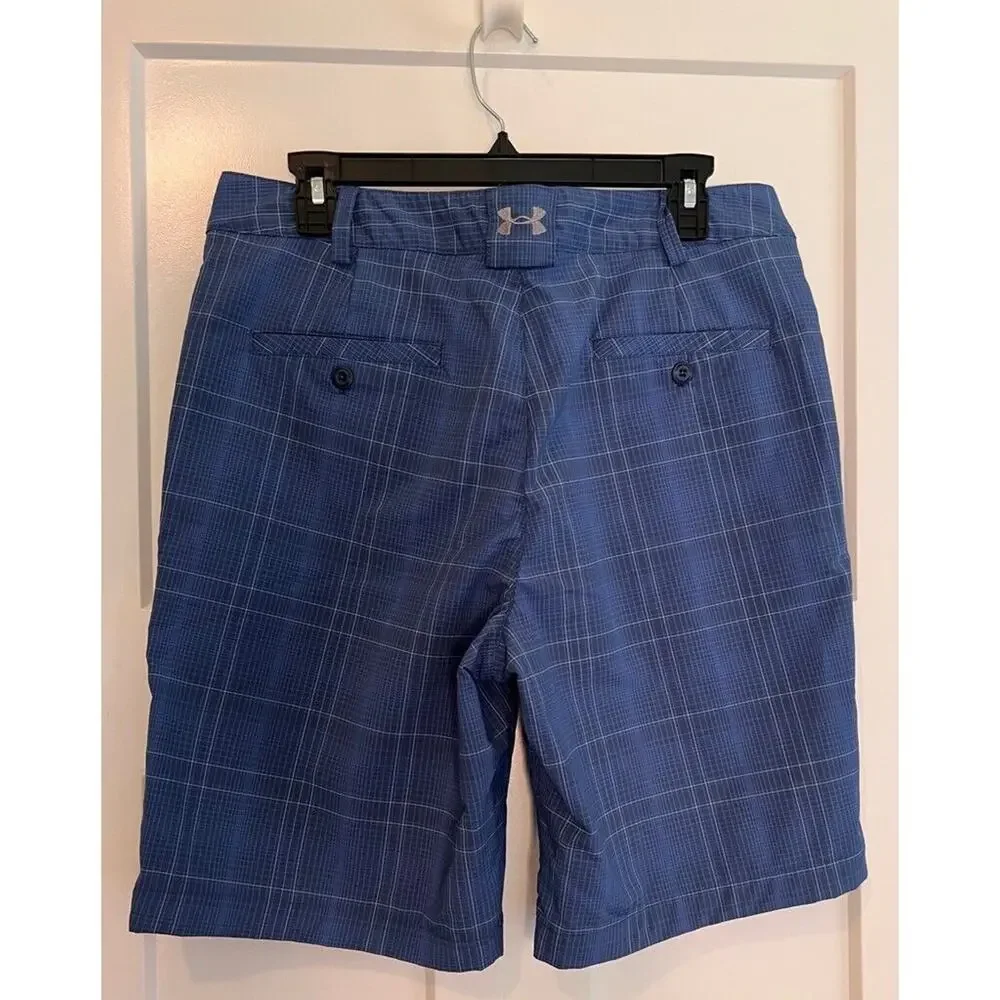 Under Armour Mens Performance Shorts Blue Black Plaid Flat Front Stretch Size 32